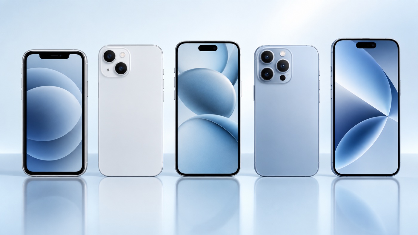 Пять поколений смартфонов iPhone в светлой цветовой гамме